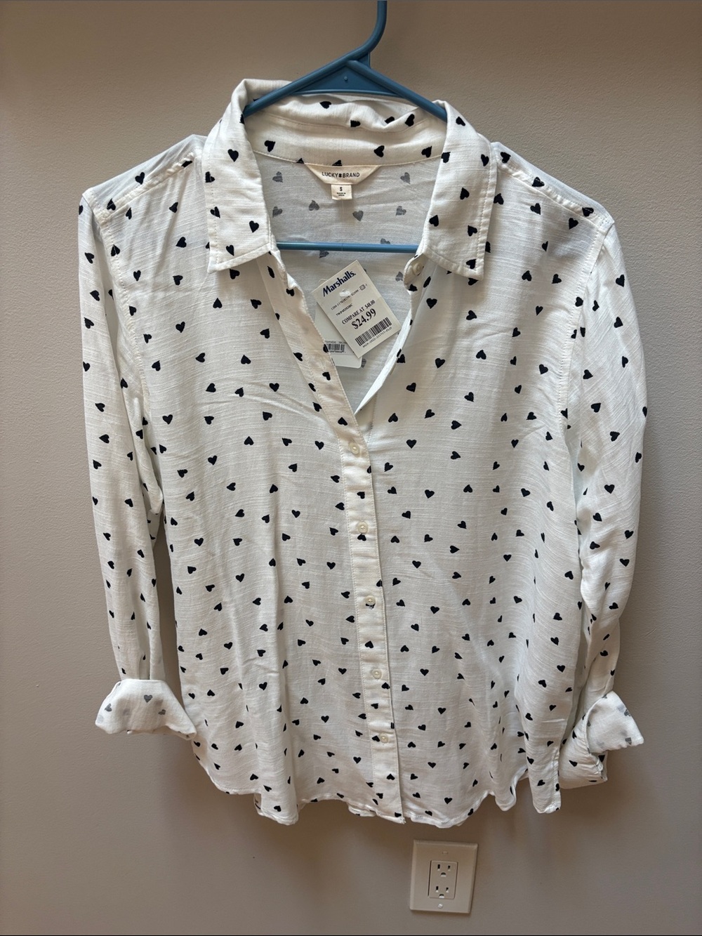 Lucky Brand Cream Button-Down Shirt with Black Heart Print